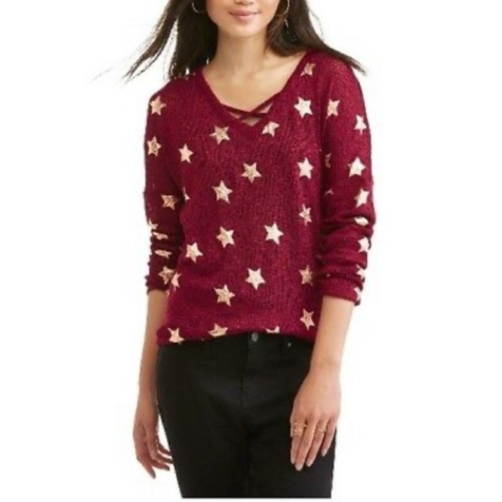 NO BOUNDARIES FULL STARS PRINT SWEATER BURGUNDY M